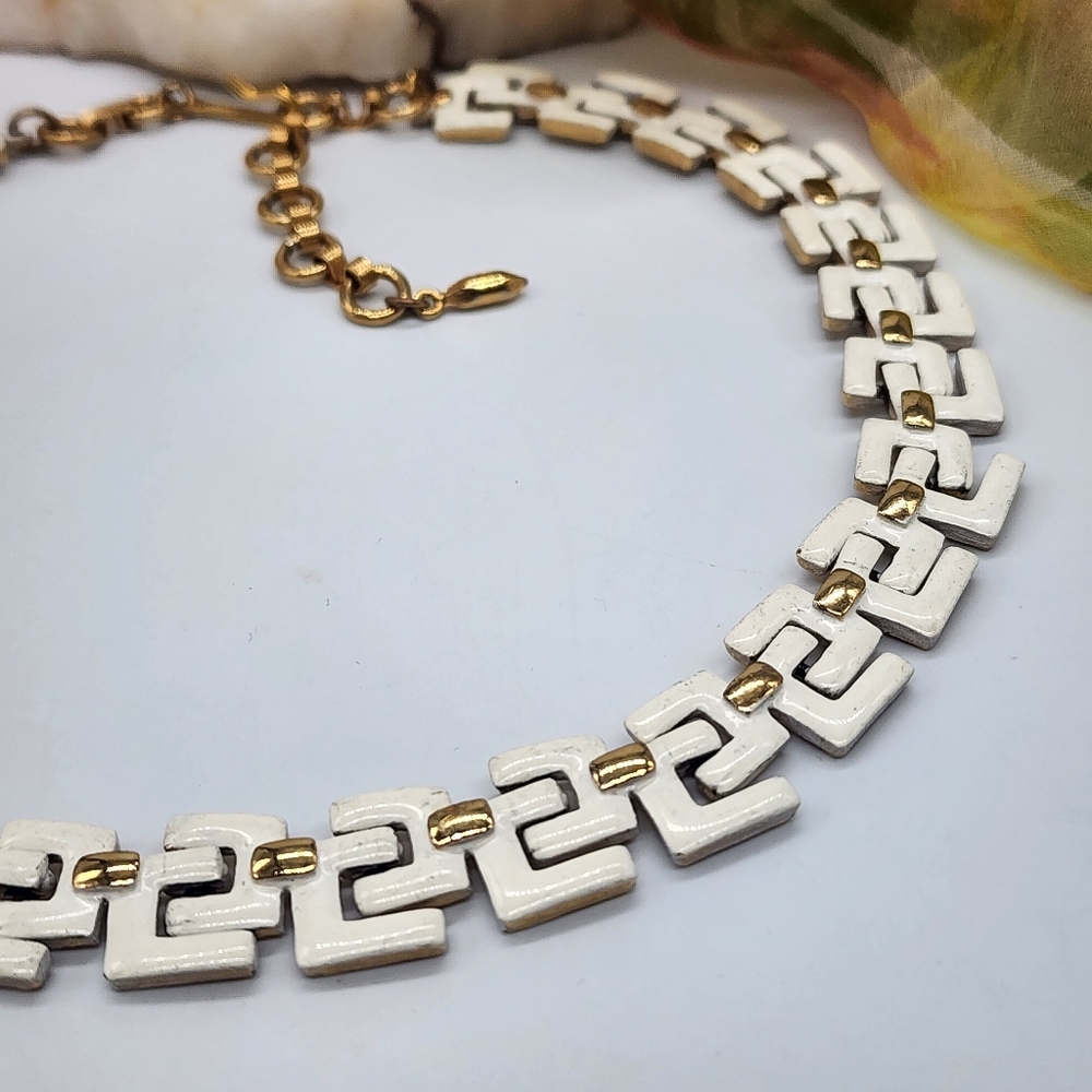 Gold Necklace Statement Gold Greek Key White Enamel Link Chain Chunky Bold - Picture 6 of 13